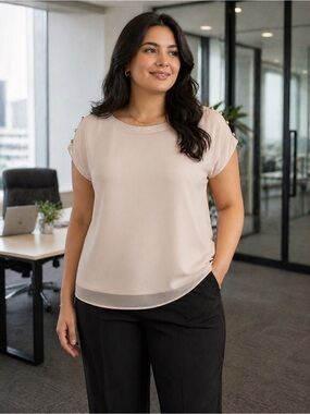 Calvin Klein Pearl-Accent Chiffon Shell Top - Blush - Size Largr